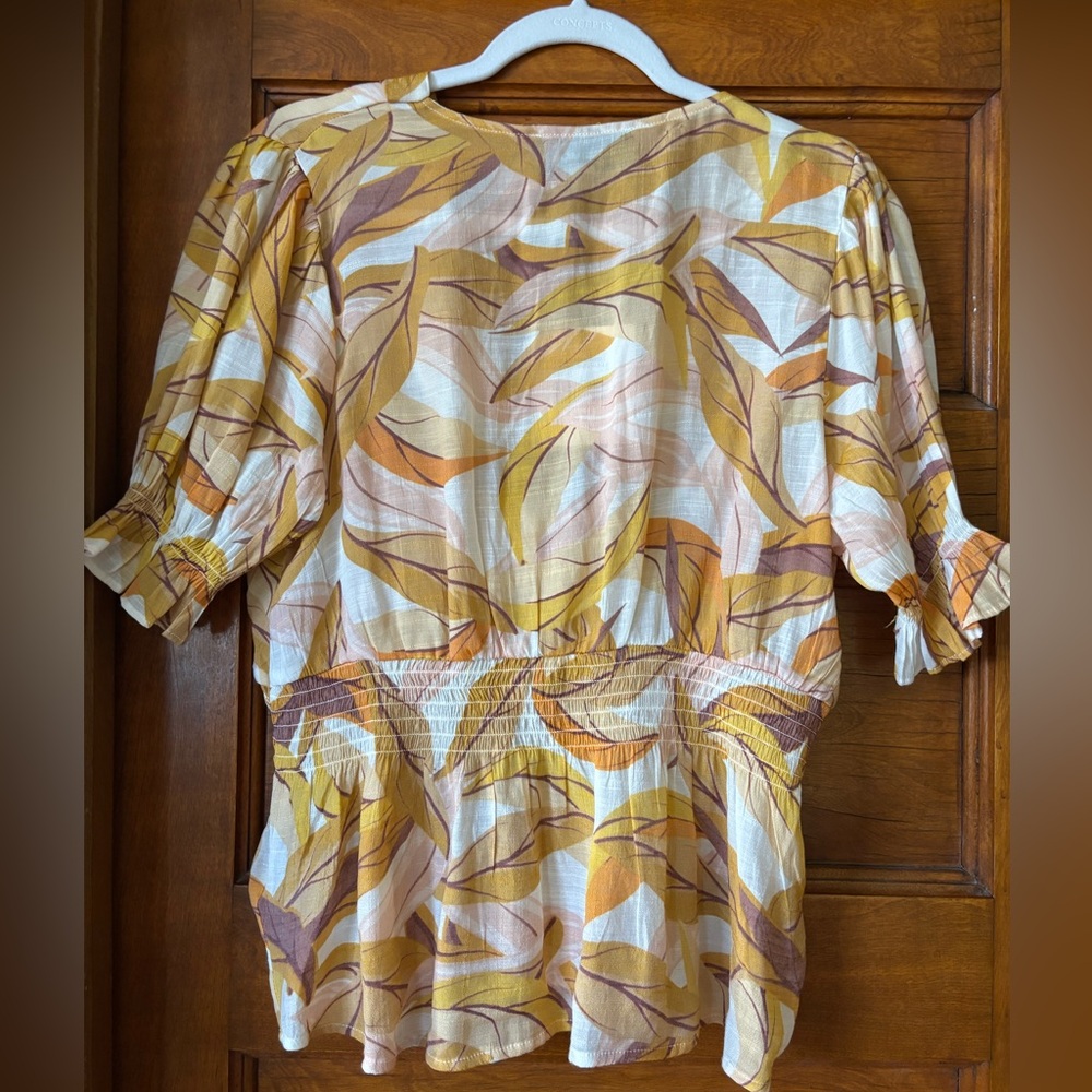 Alex & Parker Women's Leaf Print Top - Yellow and Brown - Picture 2 of 5